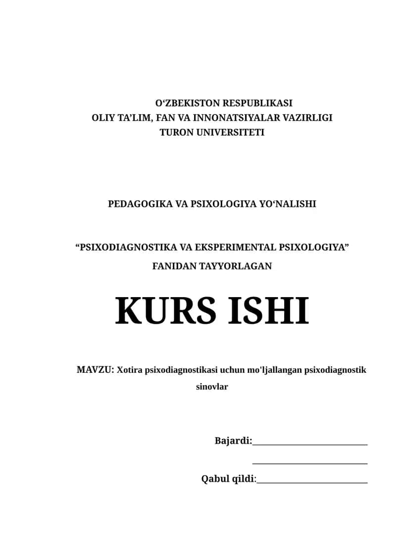 "Xotira psixodiagnostikasi uchun mo'ljallangan psixodiagnostik sinovlar"