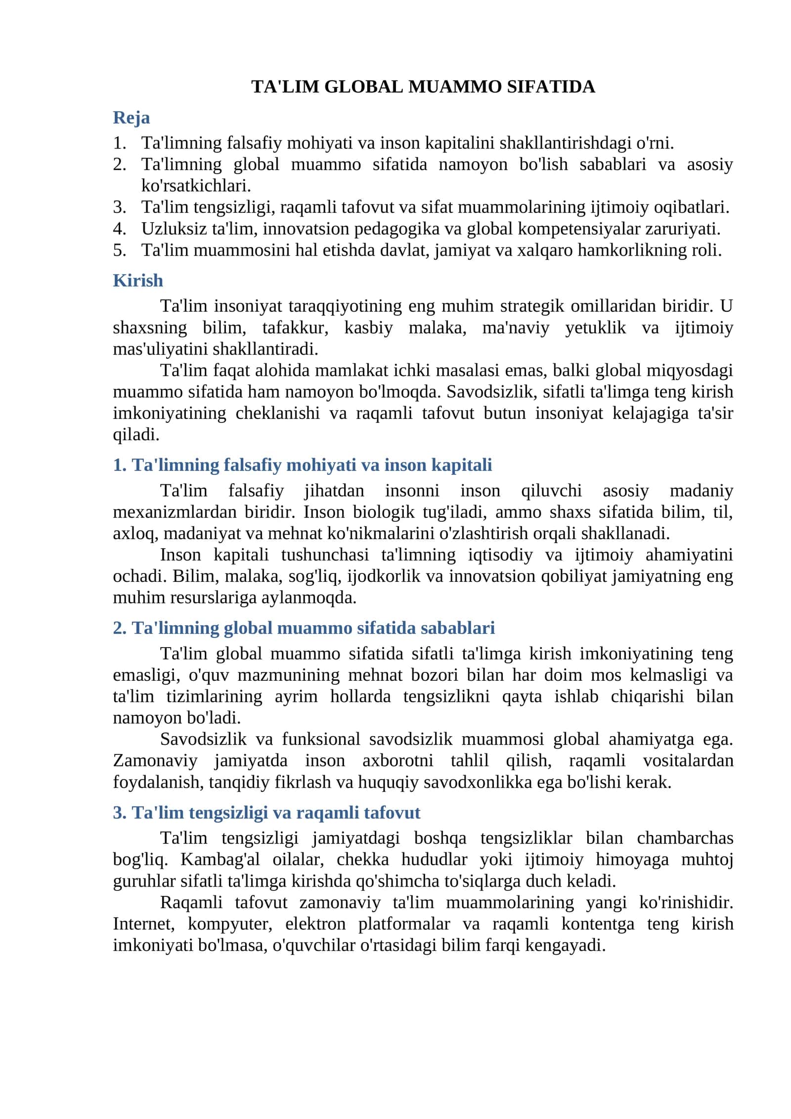 Ta'lim GLOBAL MUAMMO SIFATIDA