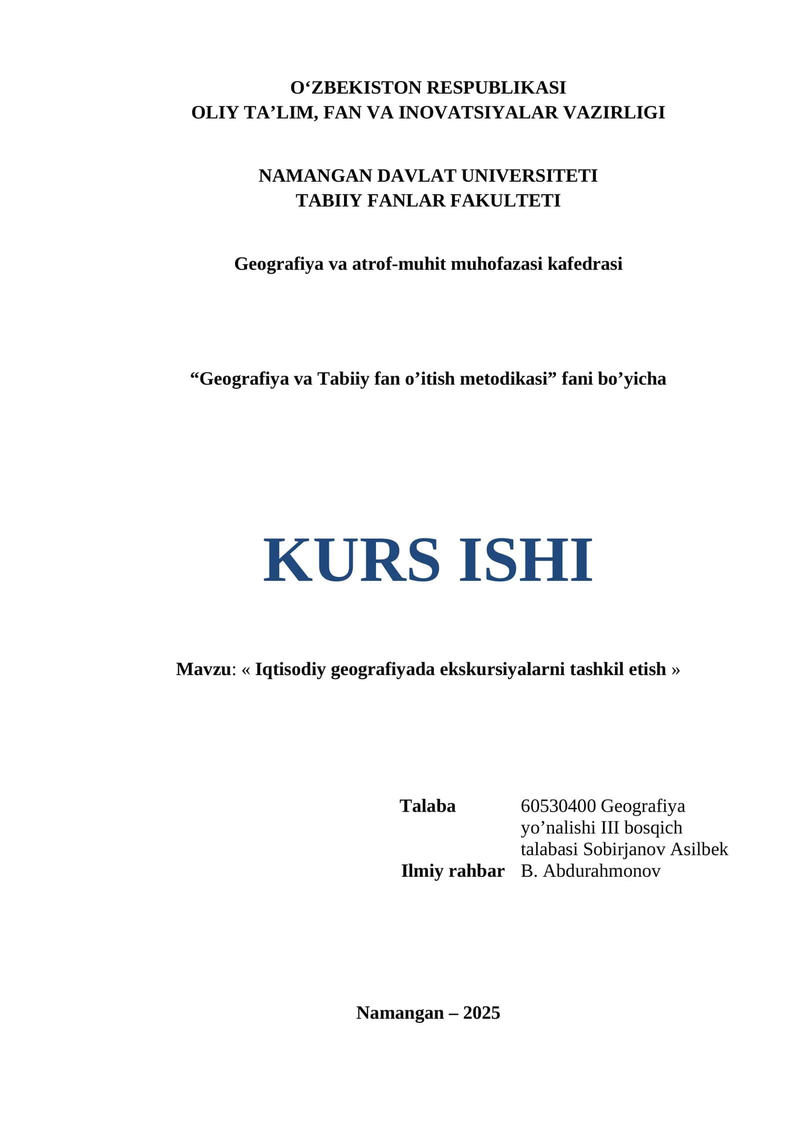Iqtisodiy geografiyada ekskursiyalarni tashkil etish