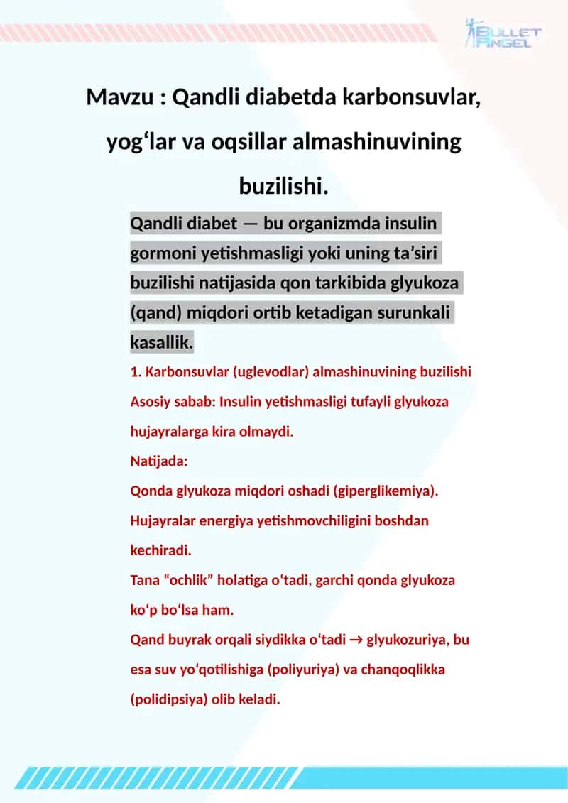 Qandli diabetda karbonsuvlar, yogʻlar va oqsillar almashinuvining buzilishi
