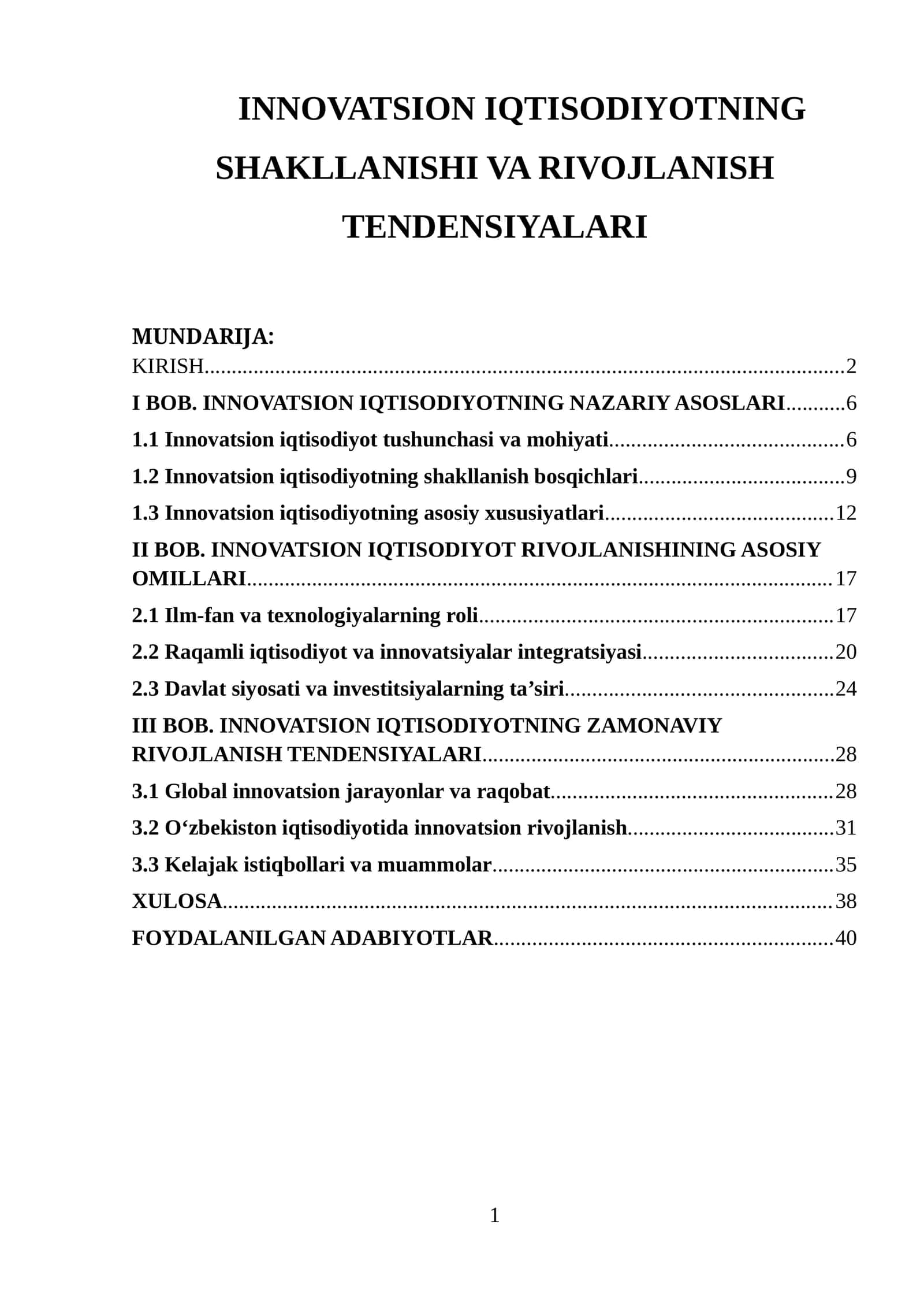 INNOVATSION IQTISODIYOTNING SHAKLLANISHI VA RIVOJLANISH TENDENSIYALARI