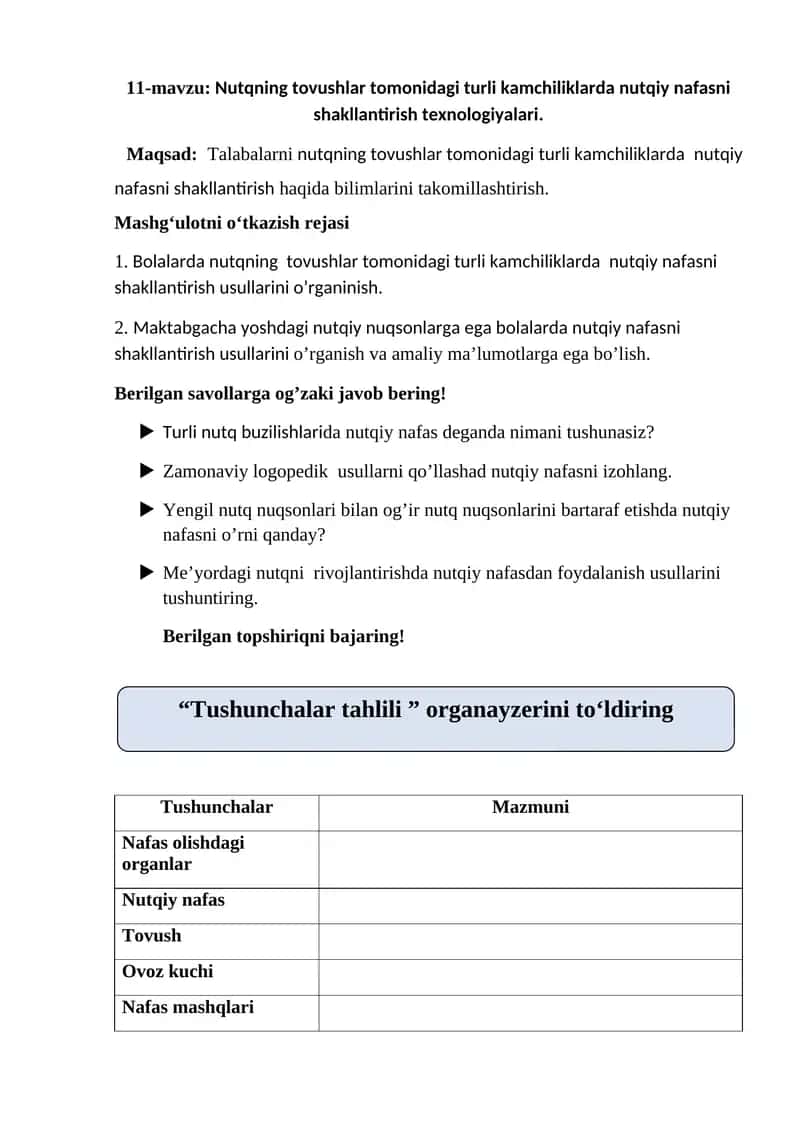 Nutqning tovushlar tomonidagi turli kamchiliklarda nutqiy nafasni shakllantirish texnologiyalari