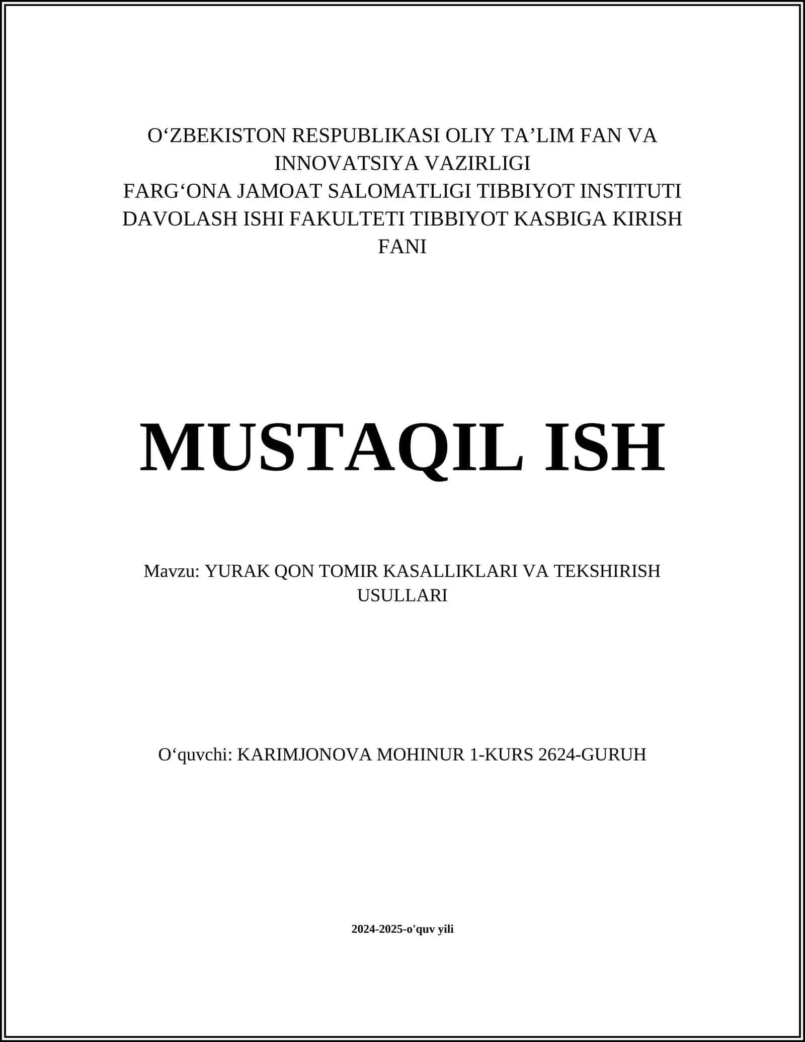 YURAK QON TOMIR KASALLIKLARI VA TEKSHIRISH USULLARI