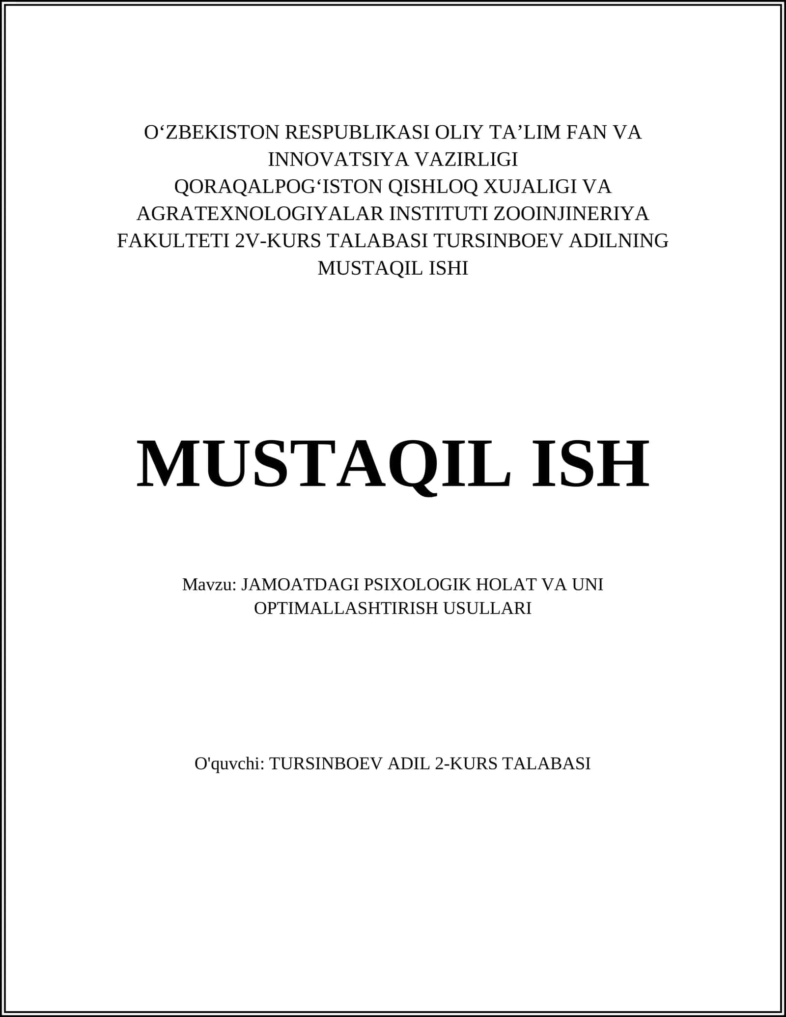 Jamoatdagi psixologik holat va uni optimallashtirish usullari