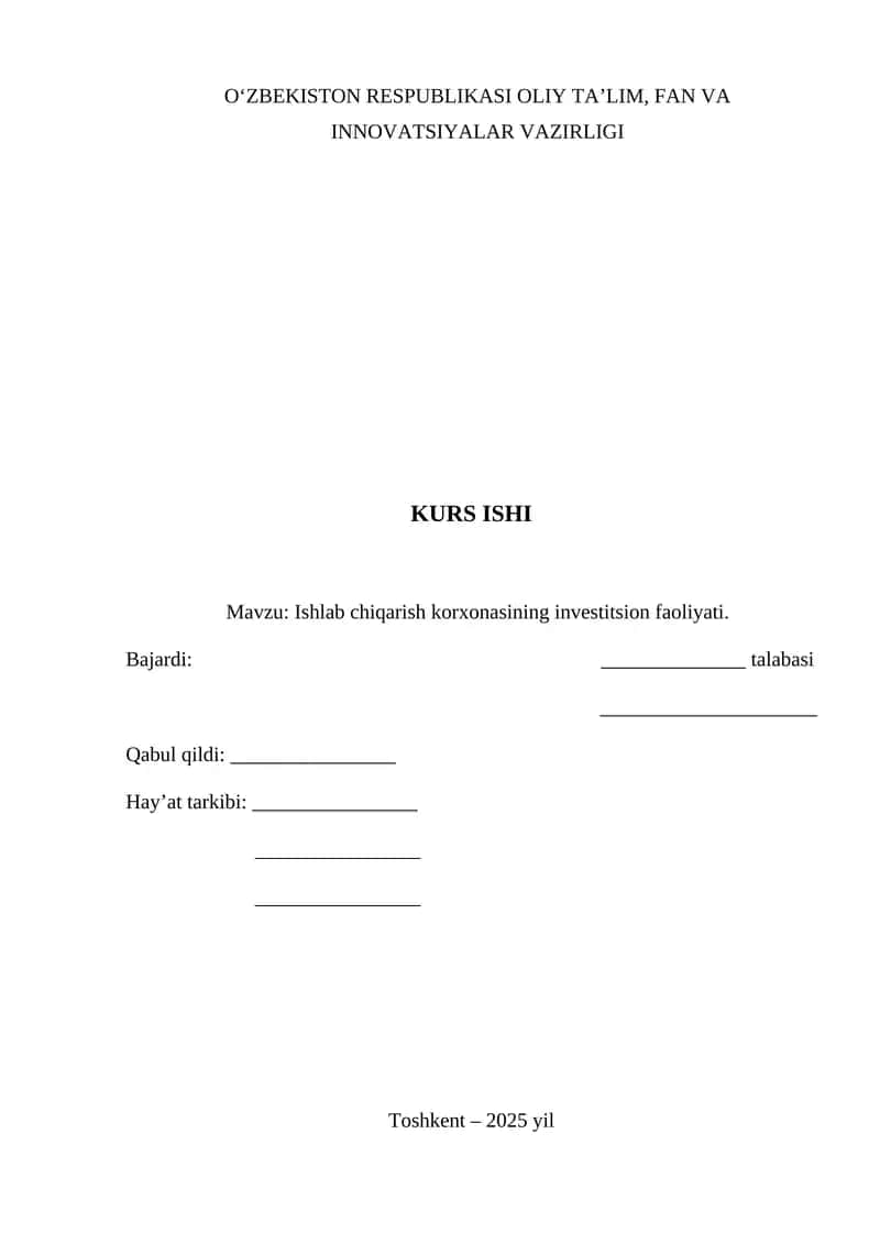 Ishlab chiqarish korxonasining investitsion faoliyati