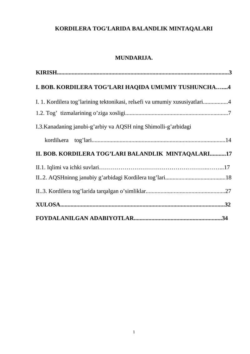 KORDILERA TOG'LARIDA BALANDLIK MINTAQALARI