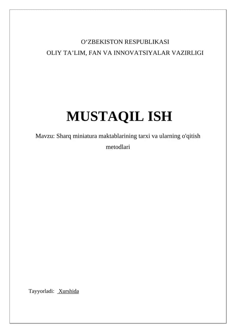 Sharq miniatura maktablarining tarxi va ularning o'qitish metodlari
