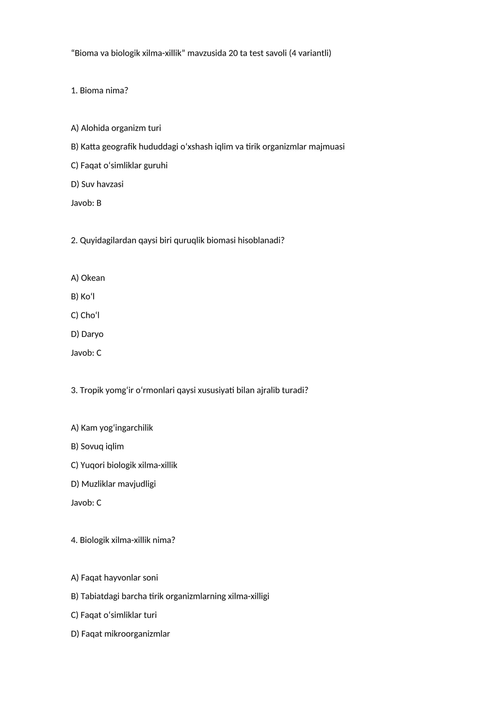 Bioma va biologik xilma-xillik test savollari