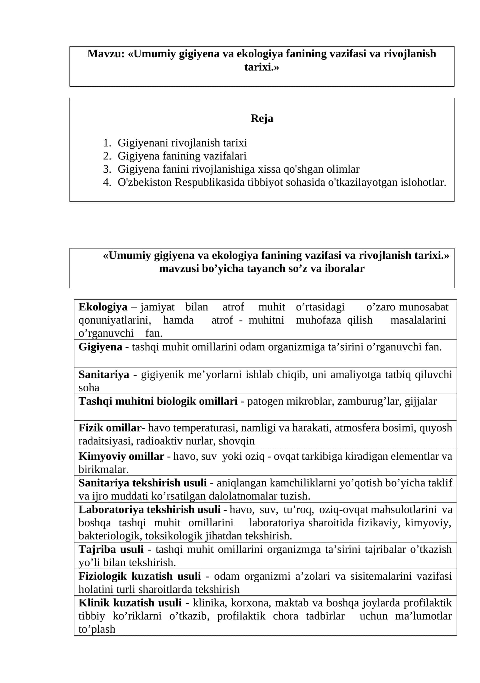 Umumiy gigiyena va ekologiya fanining vazifasi va rivojlanish tarixi