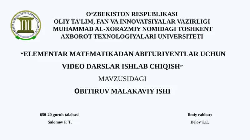 ELEMENTAR MATEMATIKADAN ABITURIYENTLAR UCHUN VIDEO DARSLAR