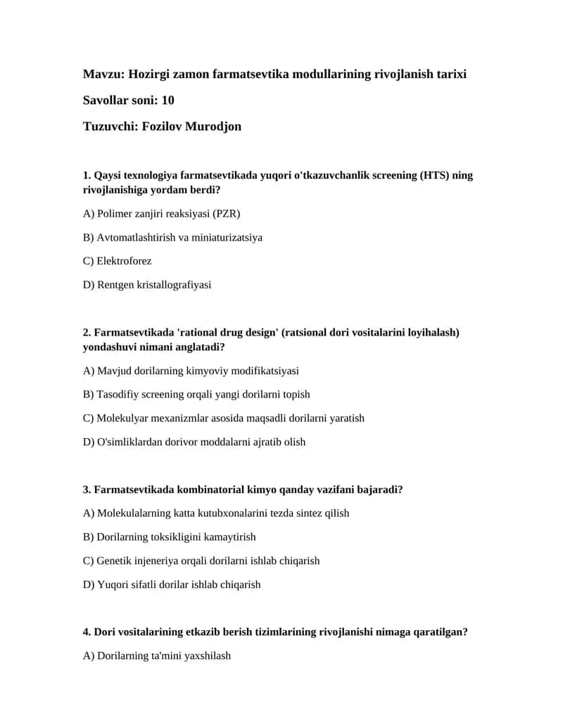 Hozirgi zamon farmatsevtika modullarining rivojlanish tarixi