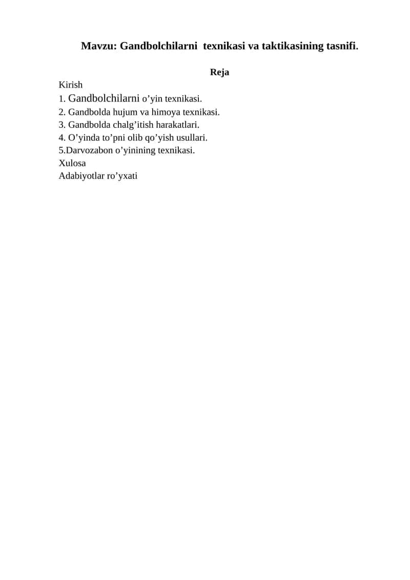 Gandbolchilarni texnikasi va taktikasining tasnifi