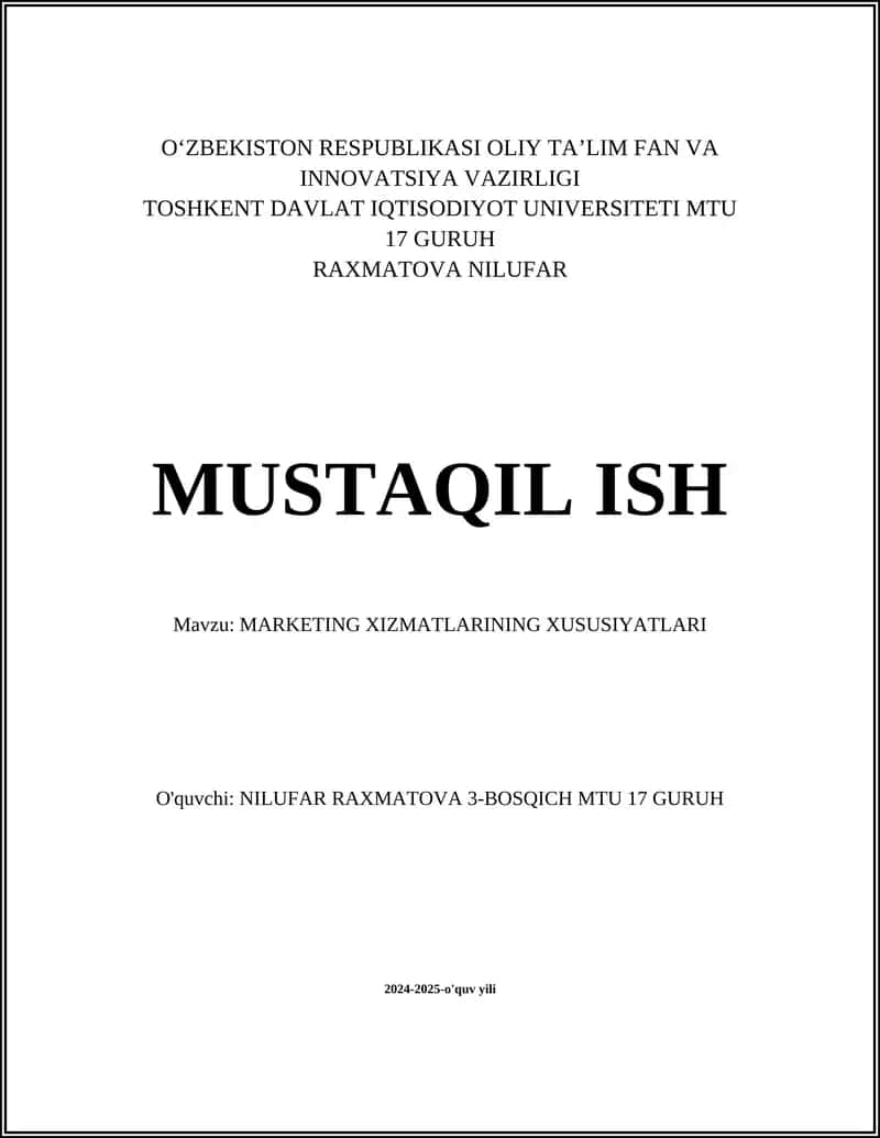 MARKETING XIZMATLARINING XUSUSIYATLARI