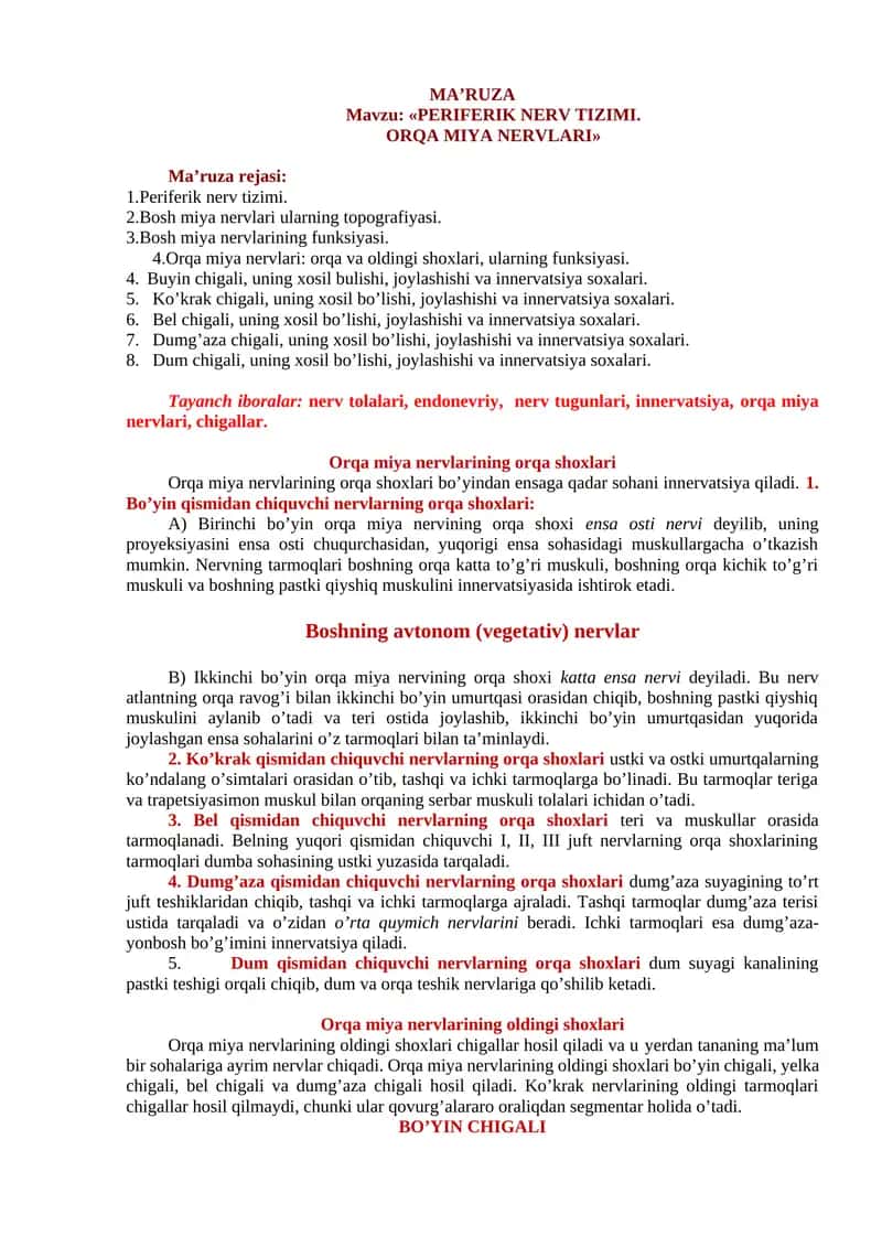 Periferik nerv tizimi. ORQA MIYA NERVLARI