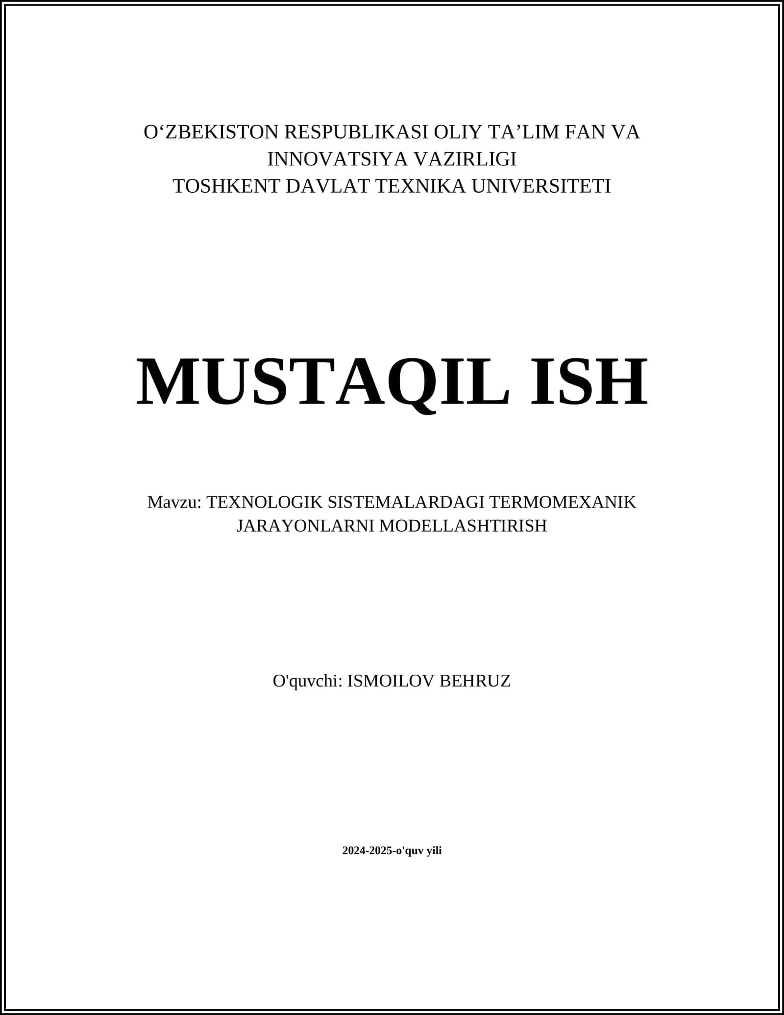 TEXNOLOGIK SISTEMALARDAGI TERMOMEXANIK JARAYONLARNI MODELLASHTIRISH