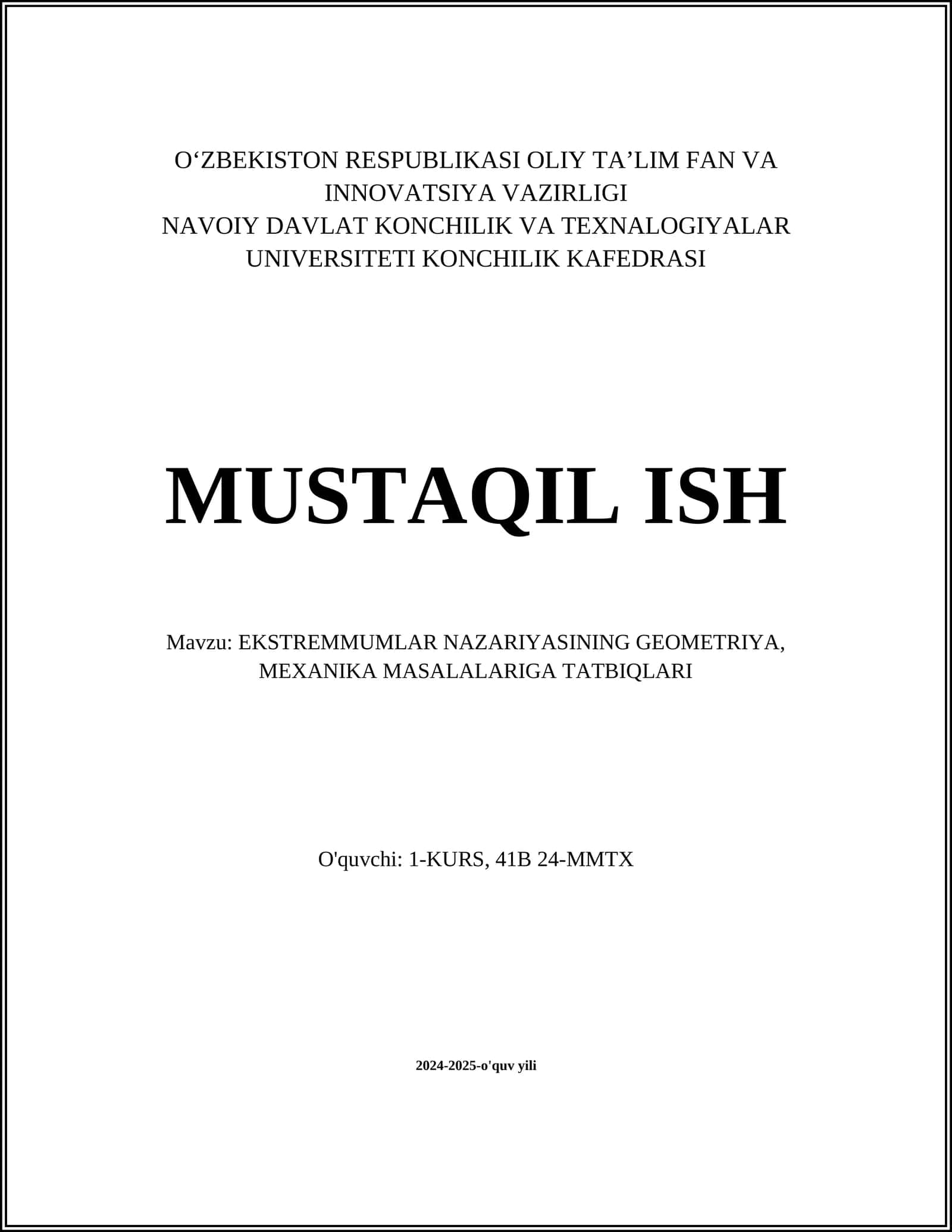 EKSTREMMUMLAR NAZARIYASINING GEOMETRIYA, MEXANIKA MASALALARIGA TATBIQLARI