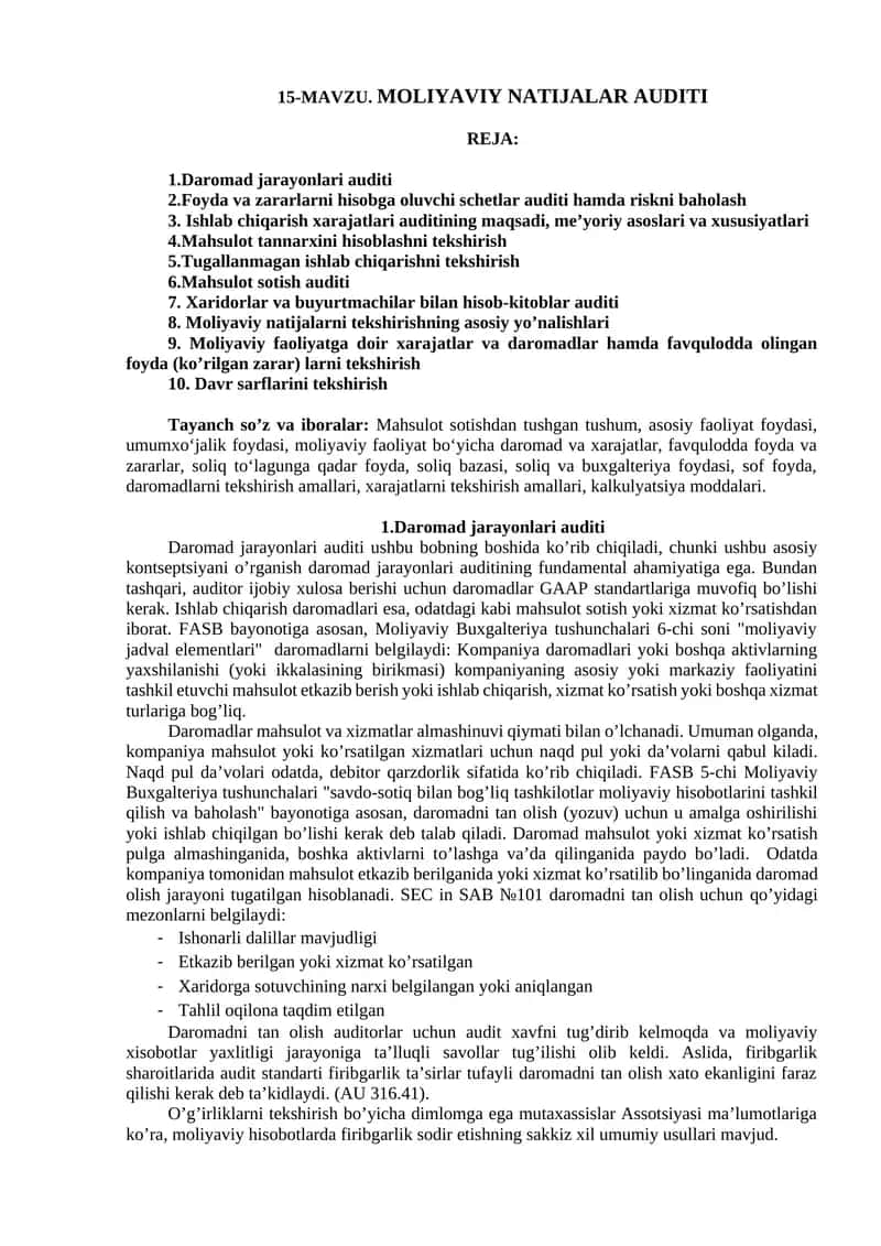 MAVZU. MOLIYAVIY NATIJALAR AUDITI