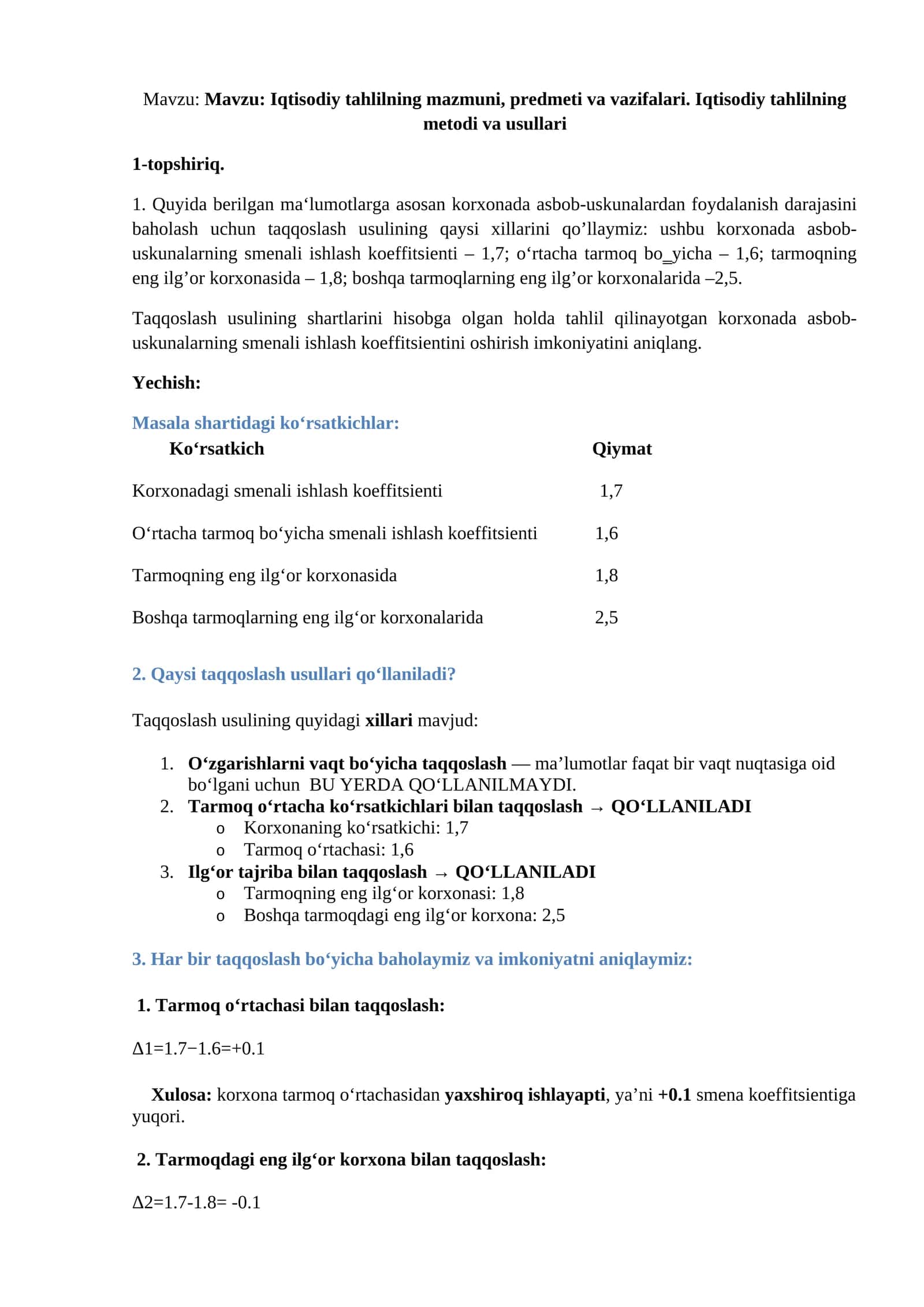 Iqtisodiy tahlilning mazmuni, predmeti va vazifalari. Iqtisodiy tahlilning metodi va usullari