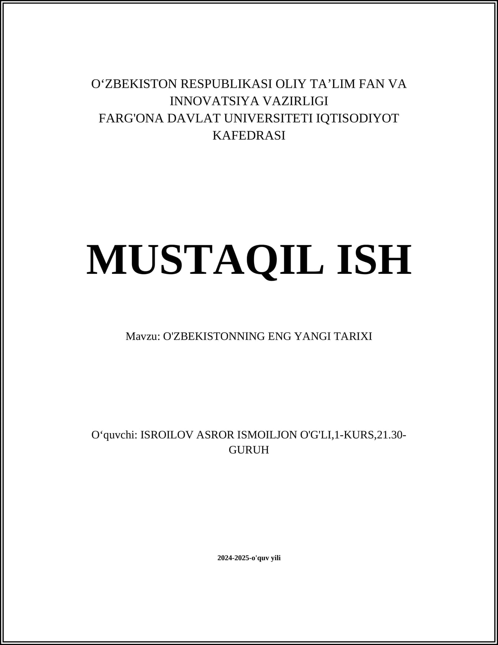 O'ZBEKISTONNING ENG YANGI TARIXI