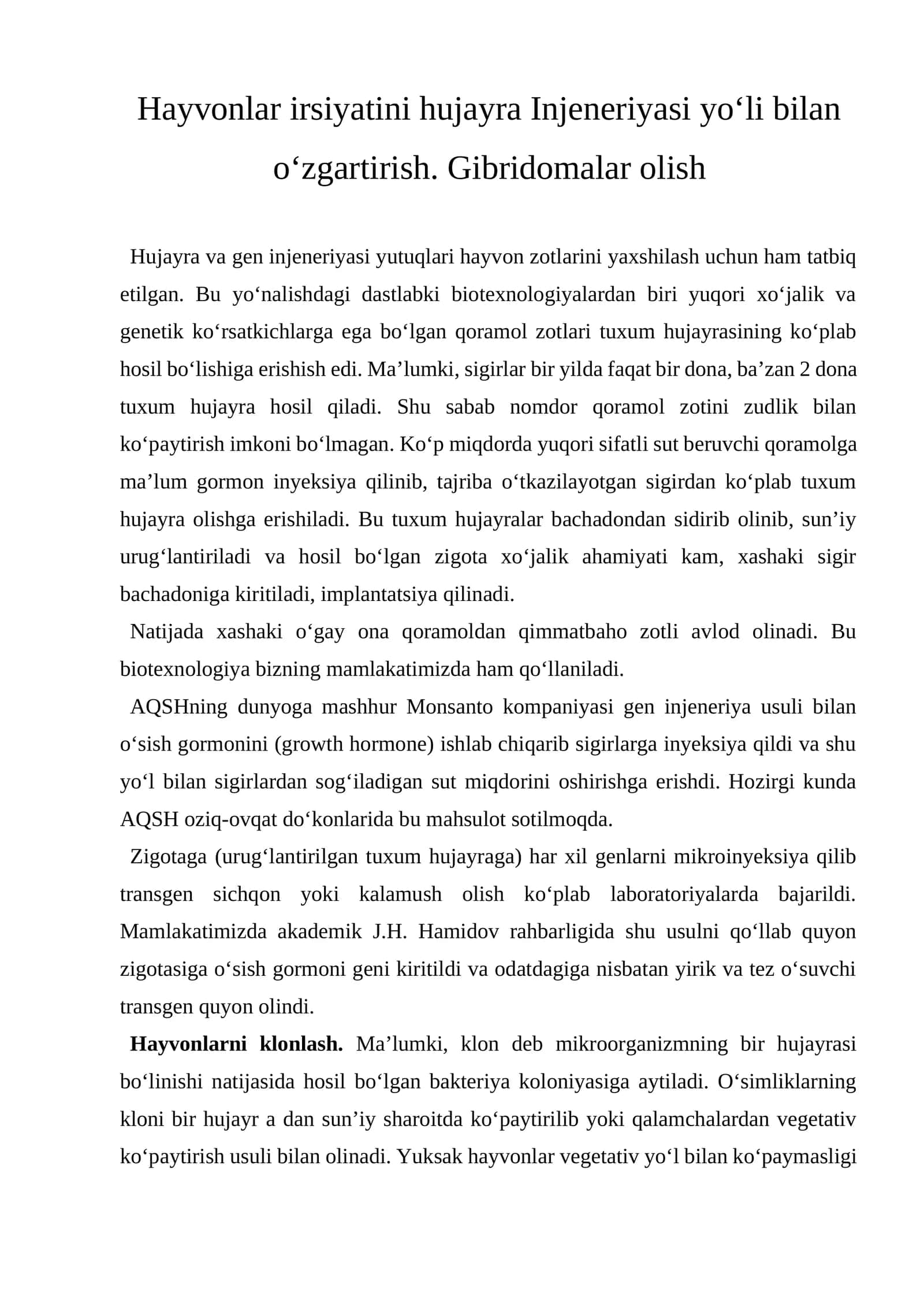 Hayvonlar irsiyatini hujayra Injeneriyasi