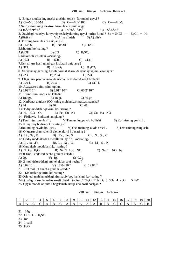 VIII sinf. Kimyo. 1-chorak. II-variant