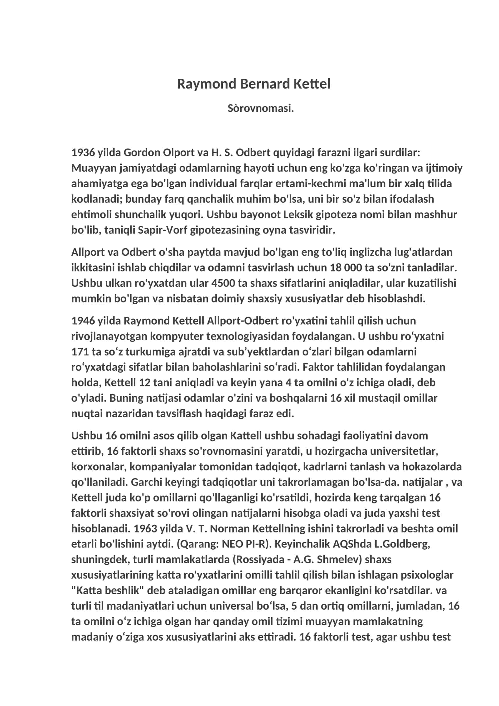 Raymond Bernard Kettel Sòrovnomasi