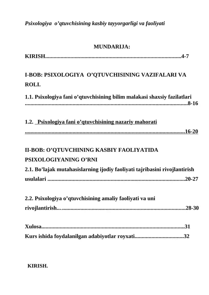 Psixologiya o’qtuvchisining kasbiy tayyorgarligi va faoliyati