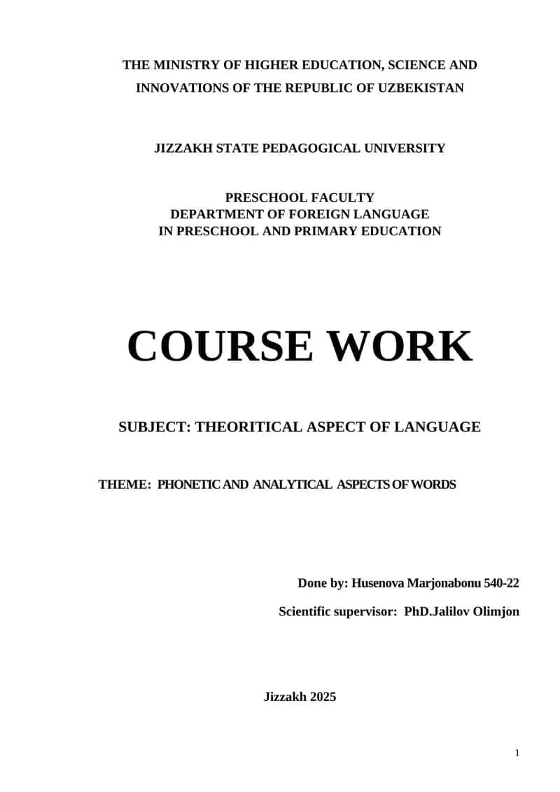 Course Work on Theoritical Aspect of Language