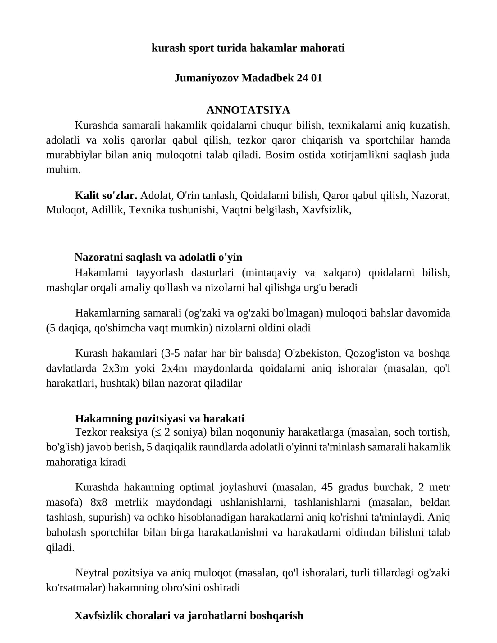 Kurash sport turida hakamlar mahorati