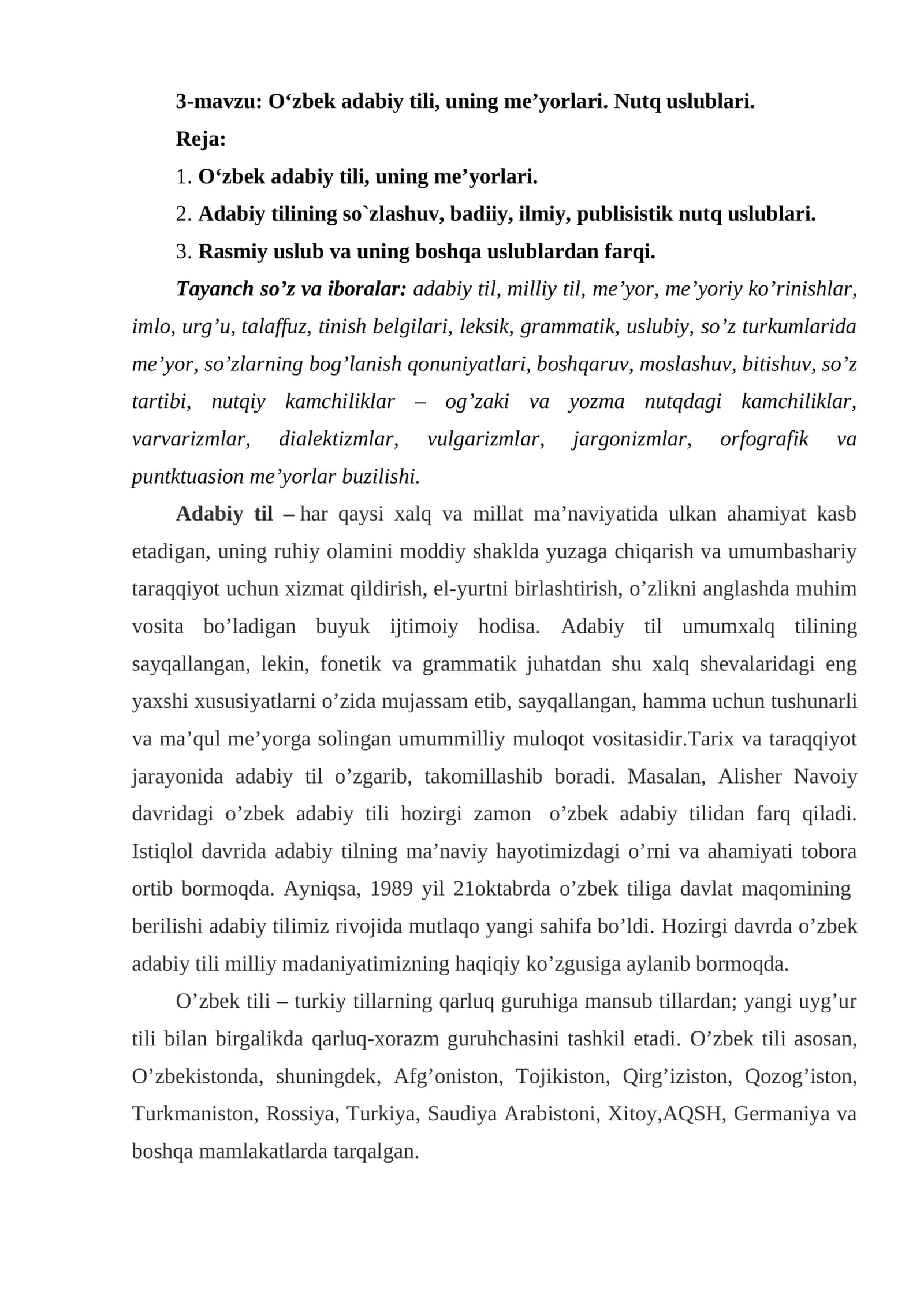 O‘zbek adabiy tili, uning me’yorlari. Nutq uslublari