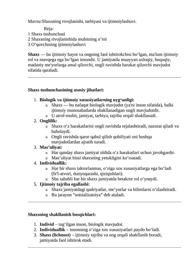 Shaxsning rivojlanishi, tarbiyasi va ijtimoiylashuvi