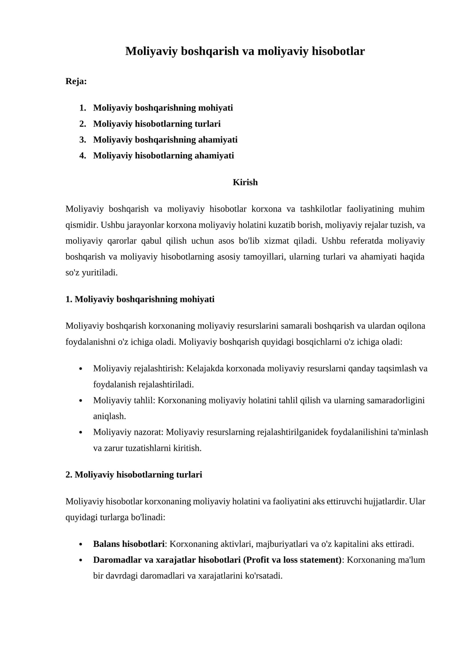 Moliyaviy boshqarish va moliyaviy hisobotlar