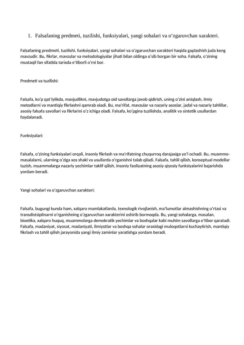 Falsafa fanining predmeti, tuzilishi va funksiyalari