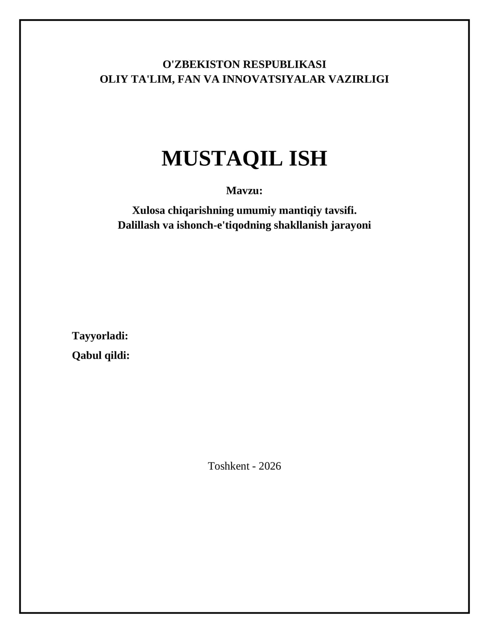 Xulosa Chiqarishning Umumiy Mantiqiy Tavsifi
