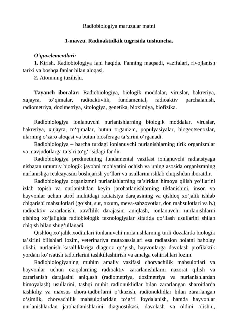Radiobiologiya maruzalar matni