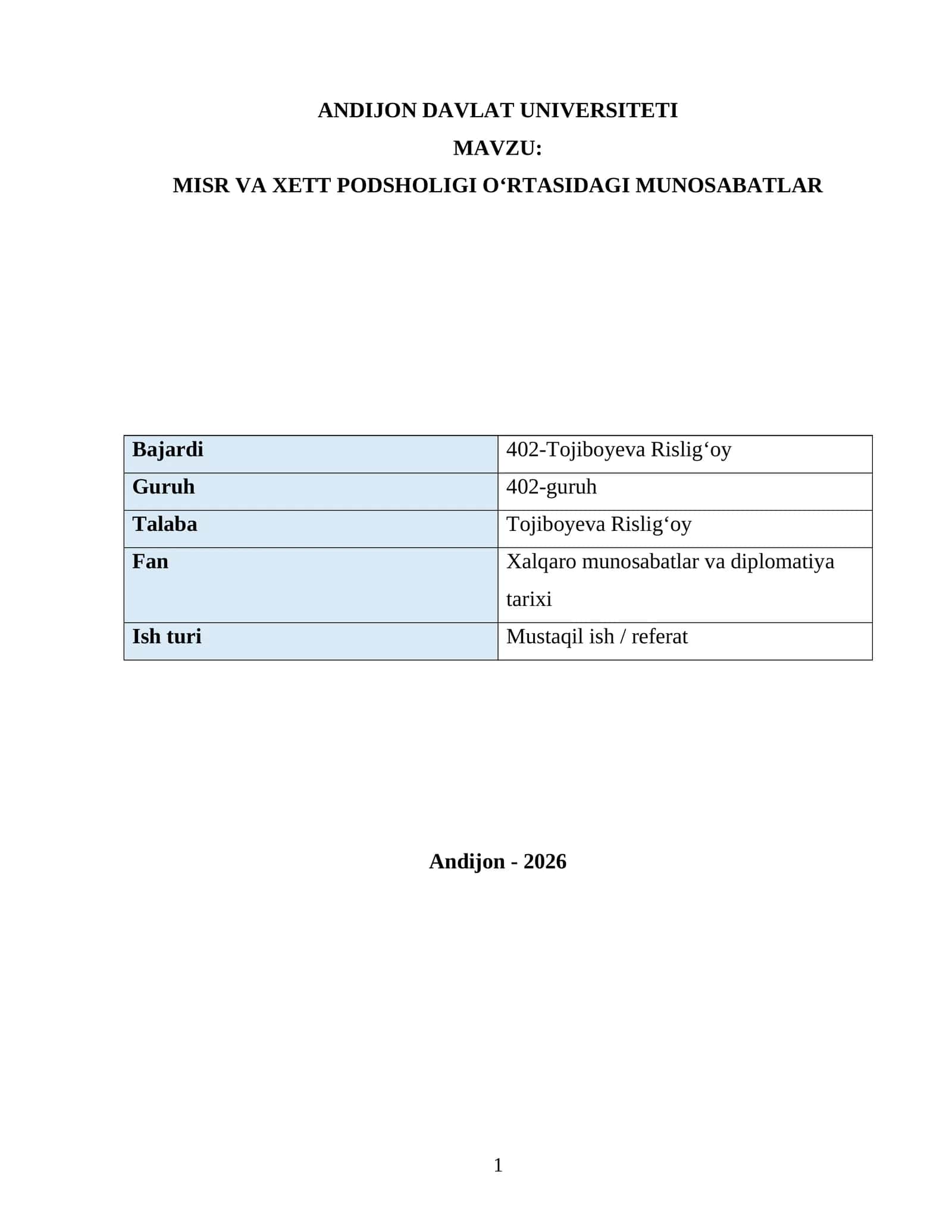MISR VA XETT PODSHOLIGI O‘RTASIDAGI MUNOSABATLAR