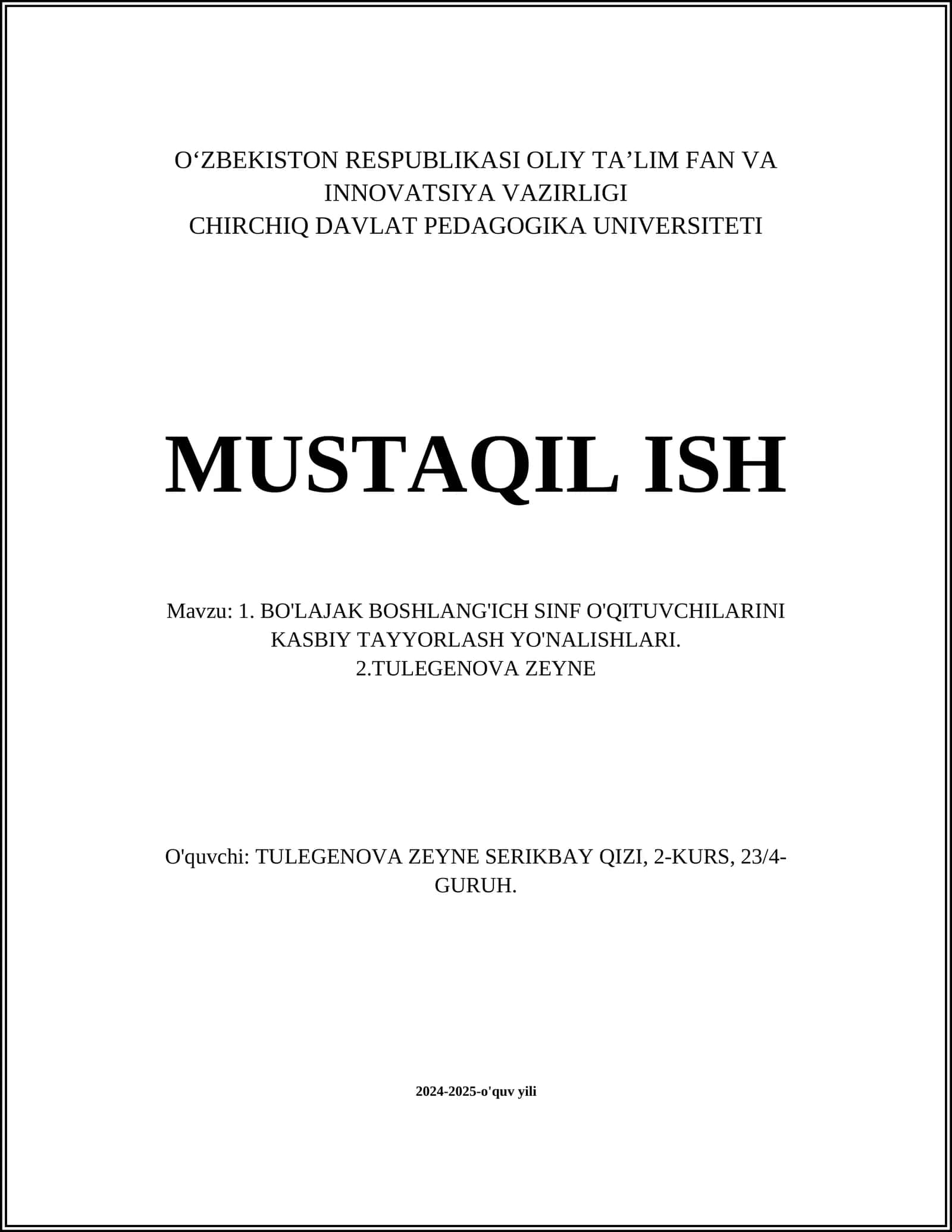 BO'LAJAK BOSHLANG'ICH SINF O'QITUVCHILARINI KASBIY TAYYORLASH YO'NALISHLARI