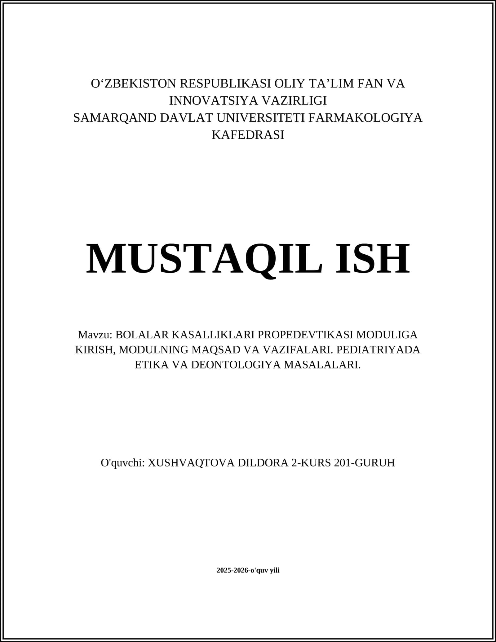 BOLALAR KASALLIKLARI PROPEDEVTIKASI MODULIGA KIRISH