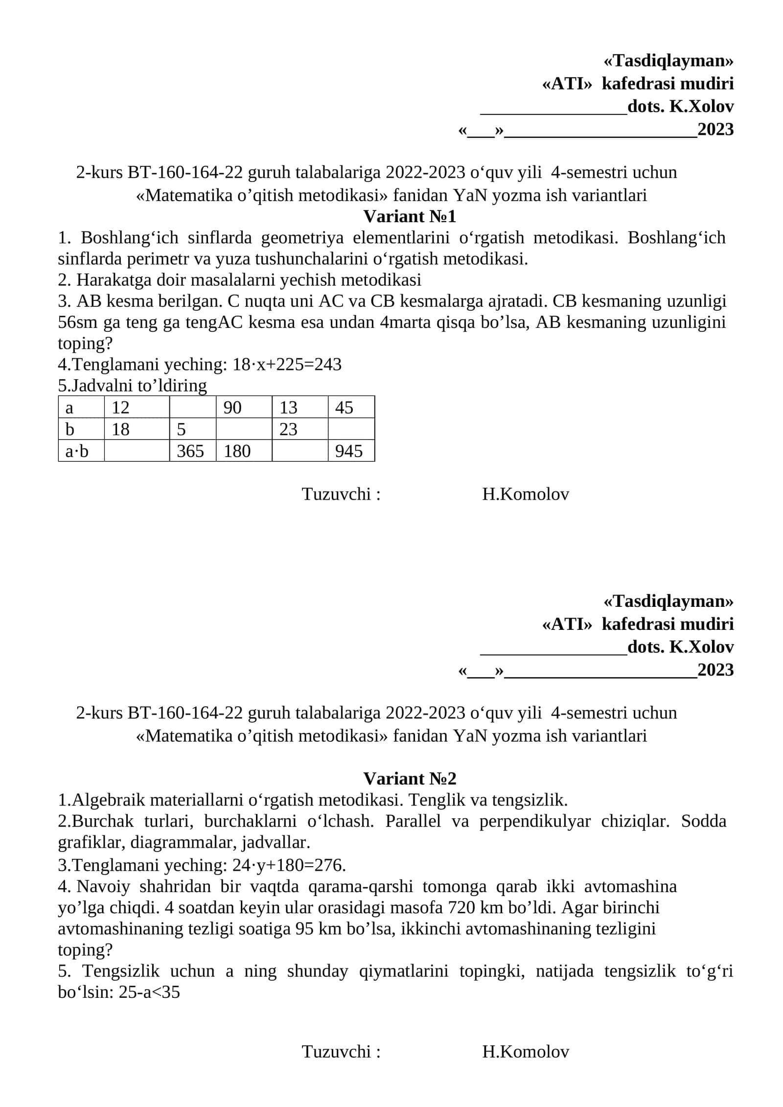 Matematika o’qitish metodikasi YaN yozma ish variantlari