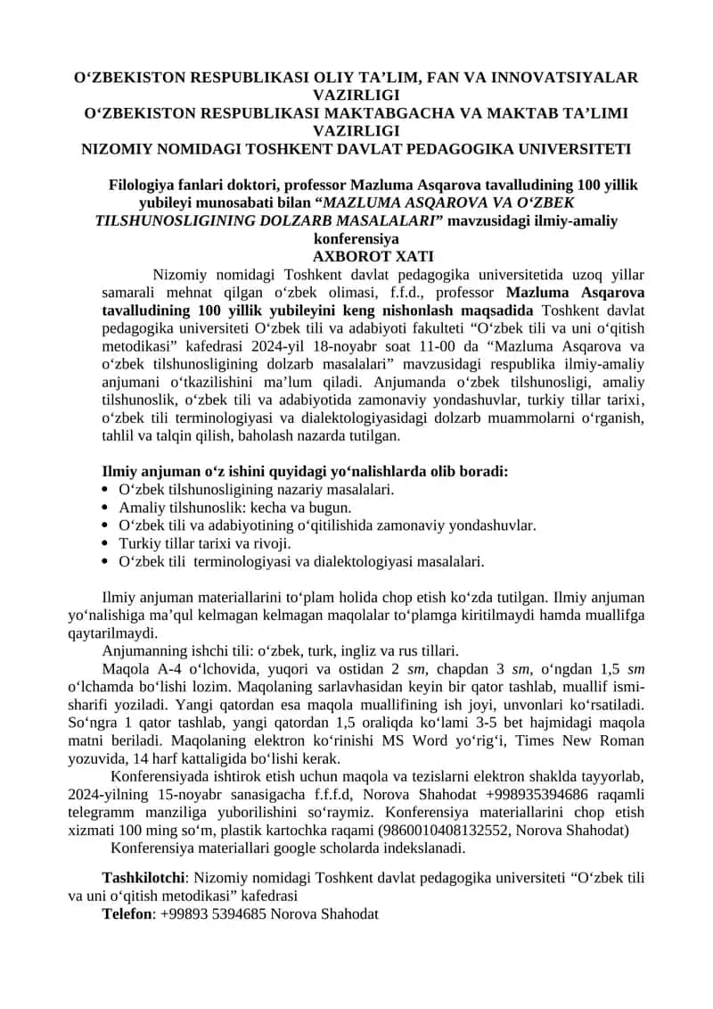 "MAZLUMA ASQAROVA VA O‘ZBEK TILSHUNOSLIGINING DOLZARB MASALARI"