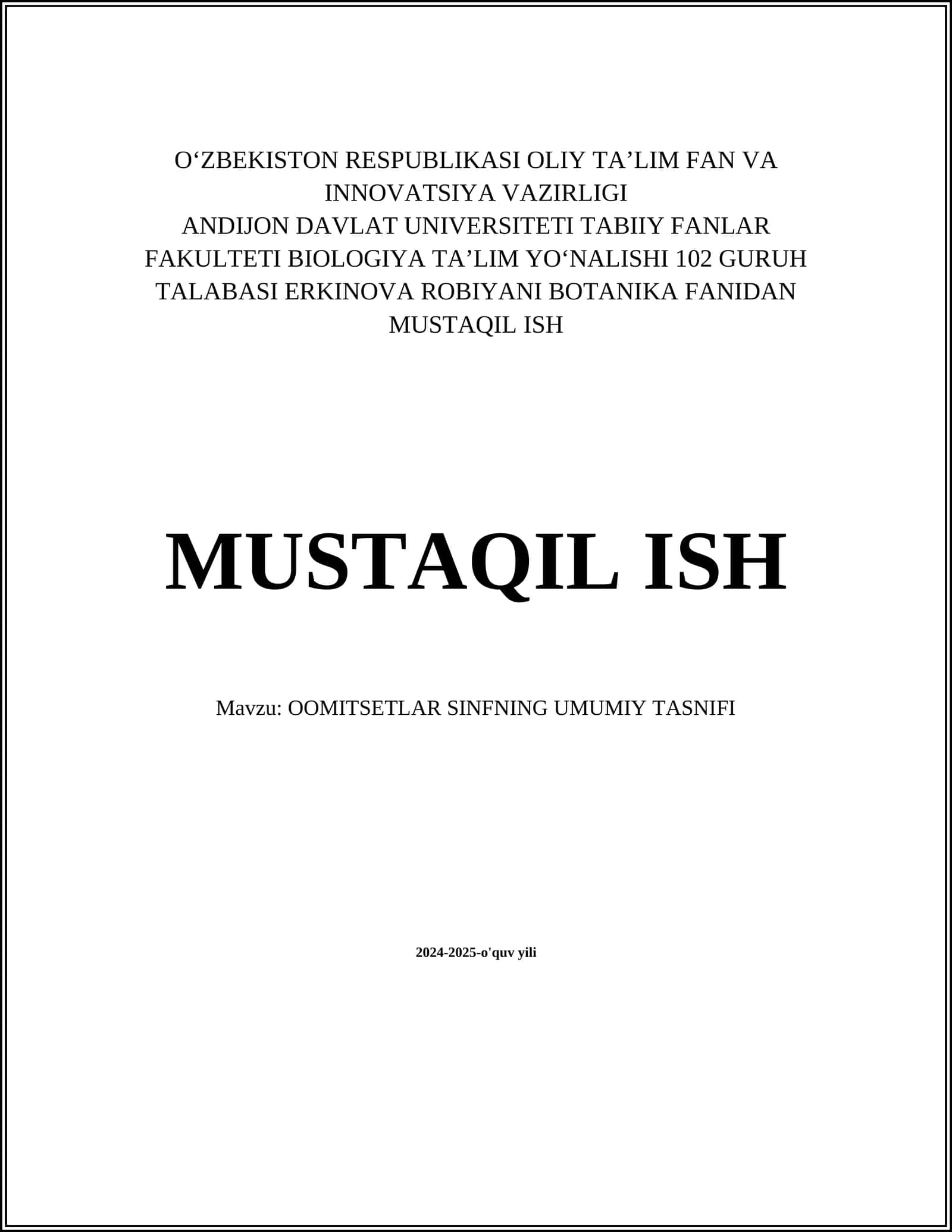 OOMITSETLAR SINFNING UMUMIY TASNIFI