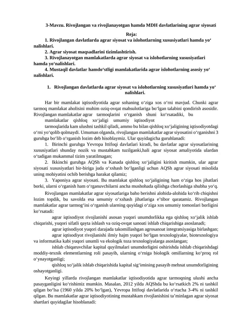 Rivojlangan va rivojlanayotgan hamda MDH davlatlarining agrar siyosati