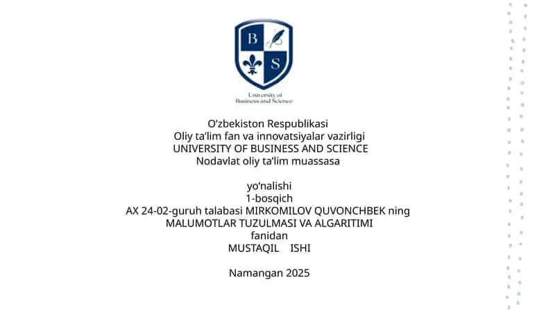 MALUMOTLAR TUZULMASI VA ALGARITIMI