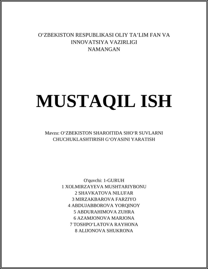 OʻZBEKISTON SHAROITIDA SHOʻR SUVLARNI CHUCHUKLASHTIRISH GʻOYASI