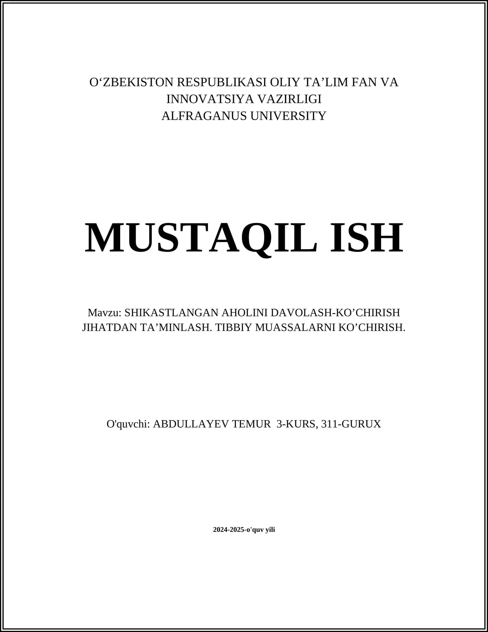 SHIKASTLANGAN AHOLINI DAVOLASH-KO’CHIRISH JIHATDAN TA’MINLASH. TIBBIY MUASSALARNI KO’CHIRISH