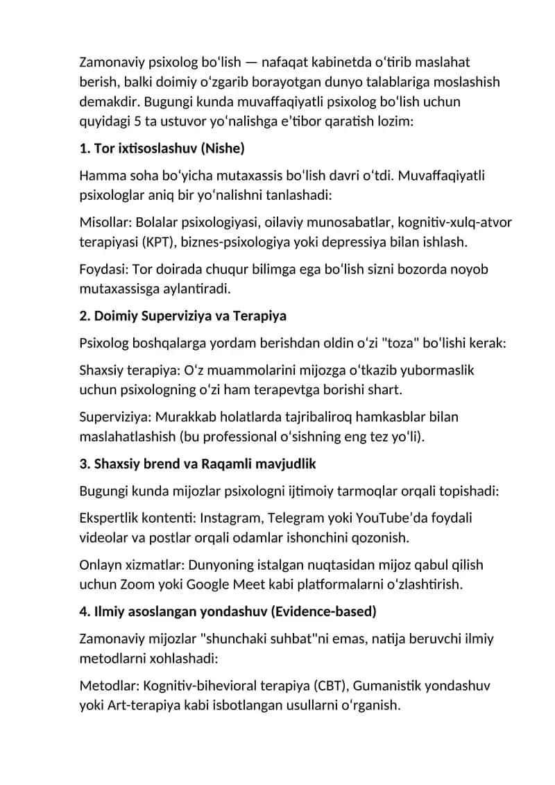 Psixolog bo‘lishning 5 ta ustuvor yo‘nalishi