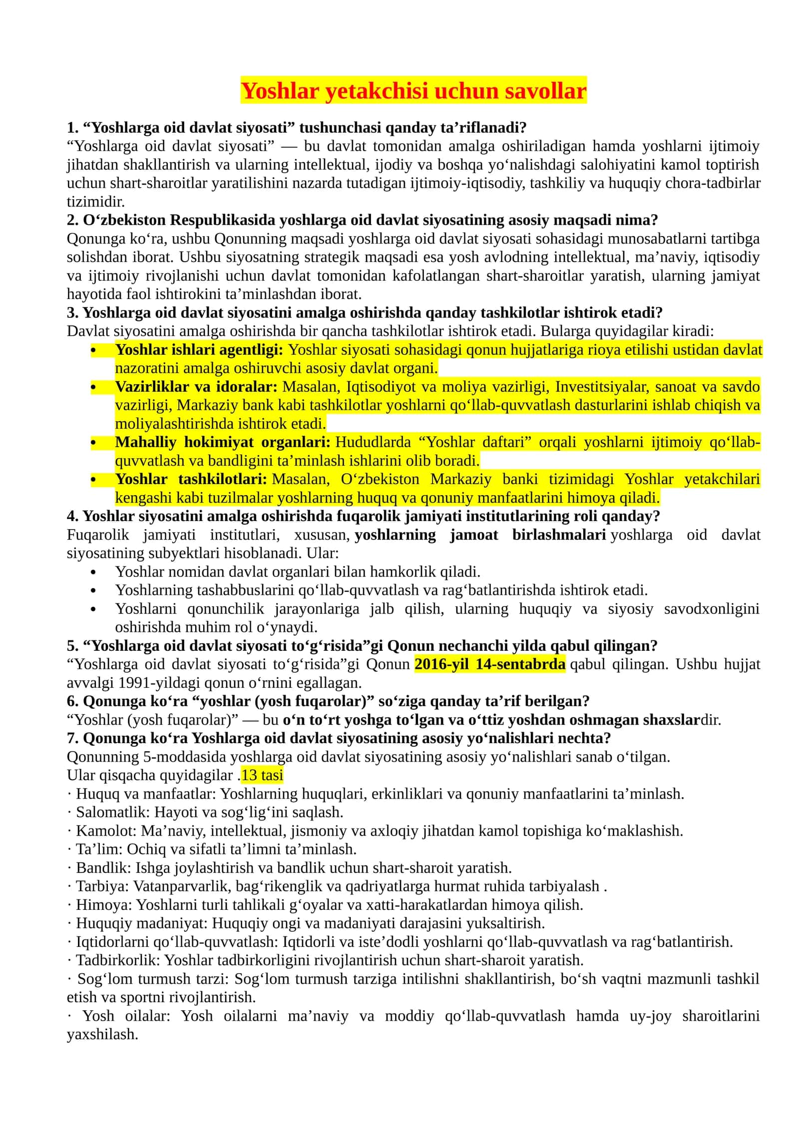 Yoshlar yetakchisi uchun savollarga javoblar 155ta