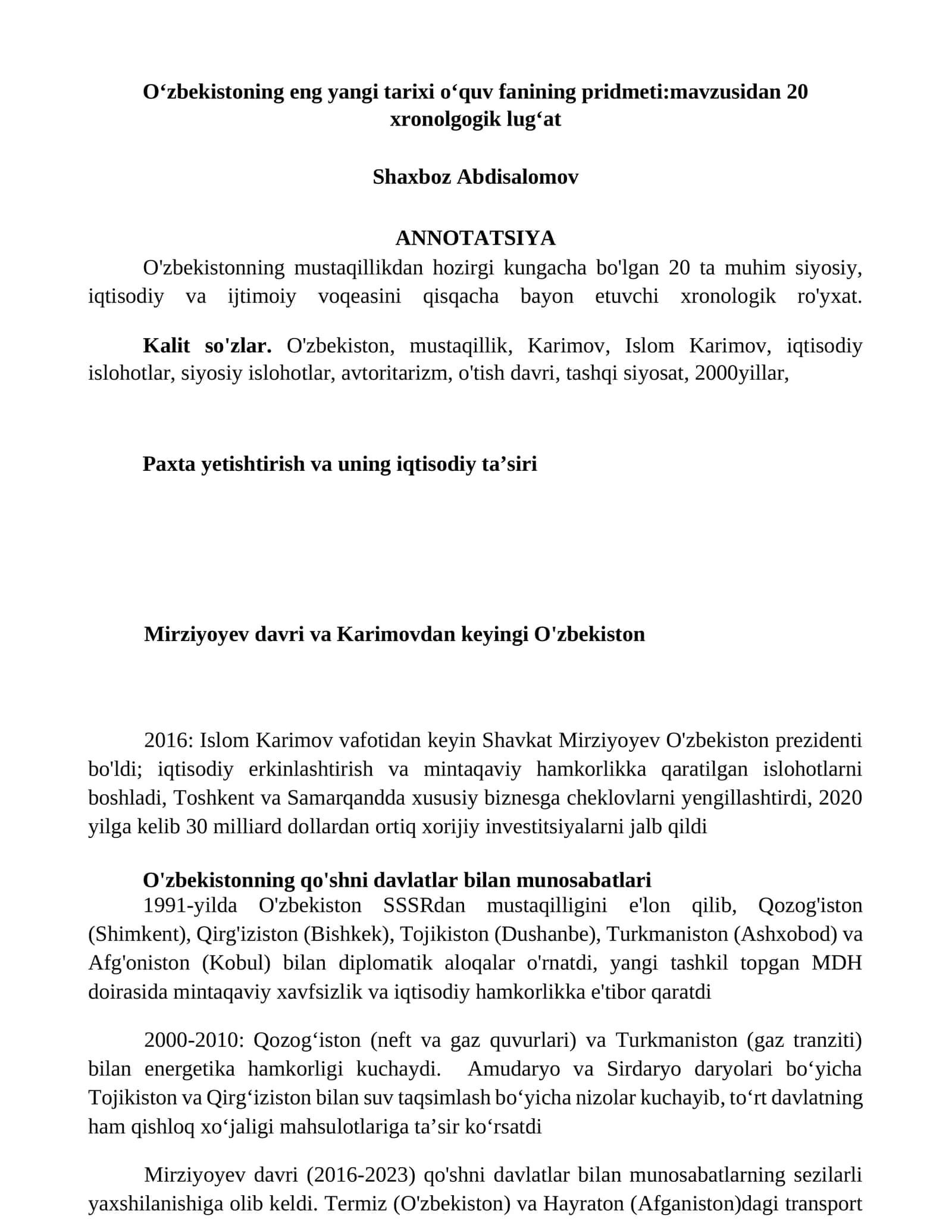 Oʻzbekistoning eng yangi tarixi oʻquv fanining pridmeti:mavzusidan 20 xronolgogik lugʻat