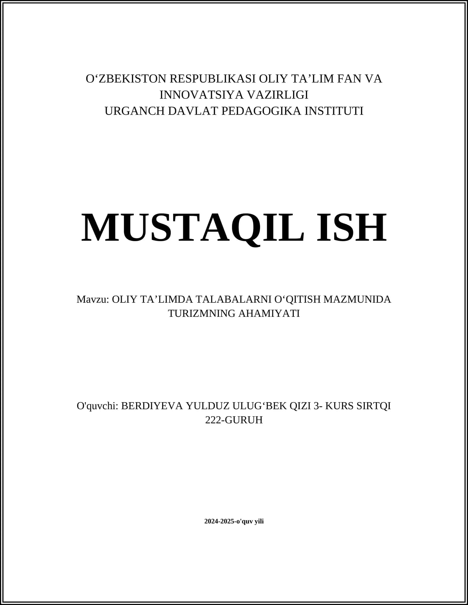 OLIY TA’LIMDA TURIZM YO'NALISHLARI