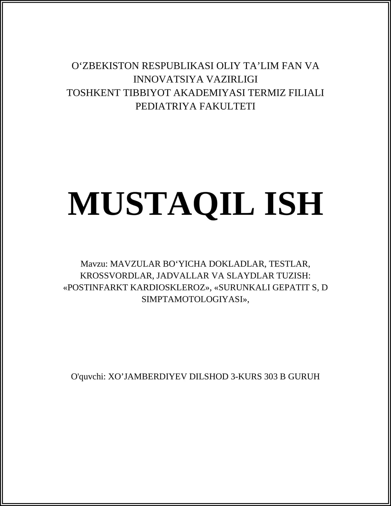 Toshkent Tibbiyot Akademiyasi Mustaqil Ish